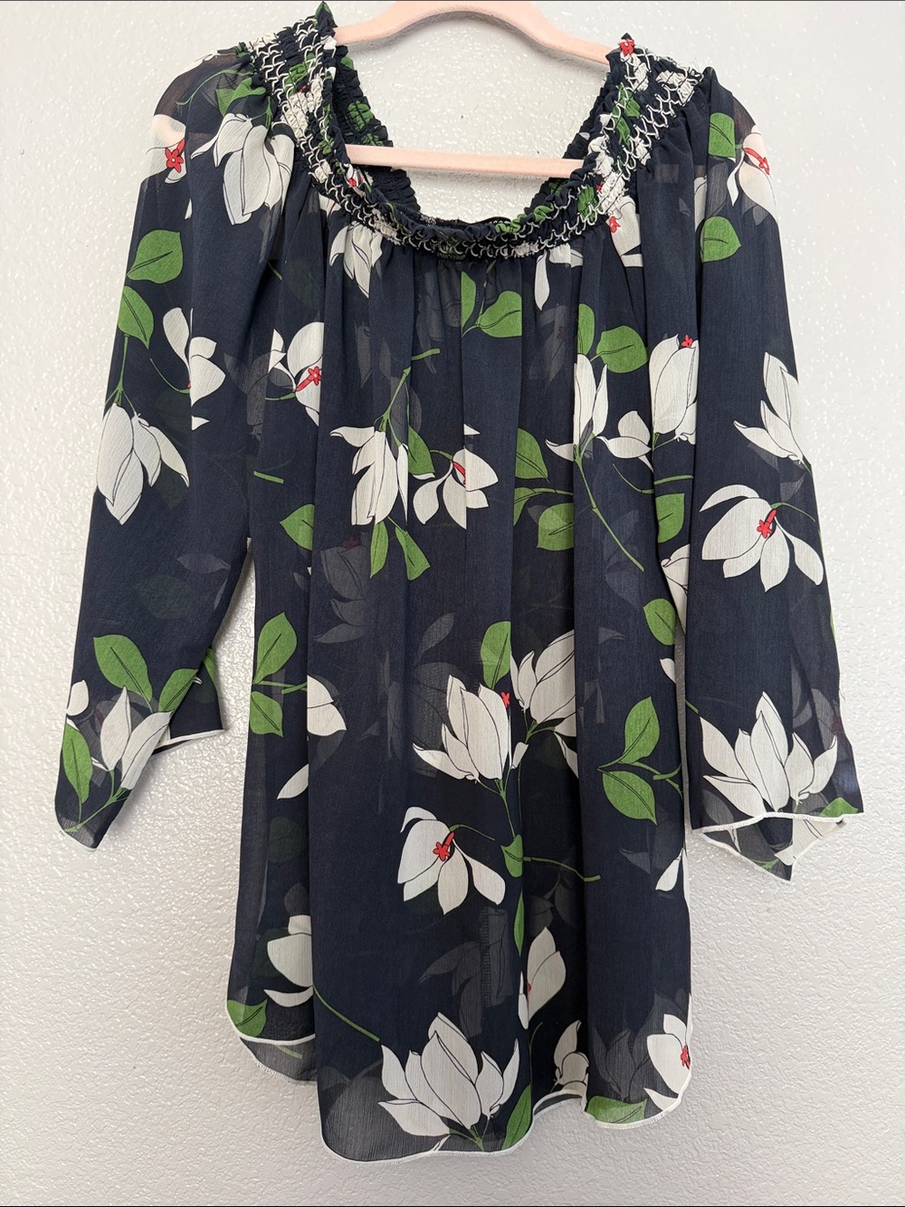 Robin Piccone Navy Floral Off-Shoulder Tunic with Green Leaves